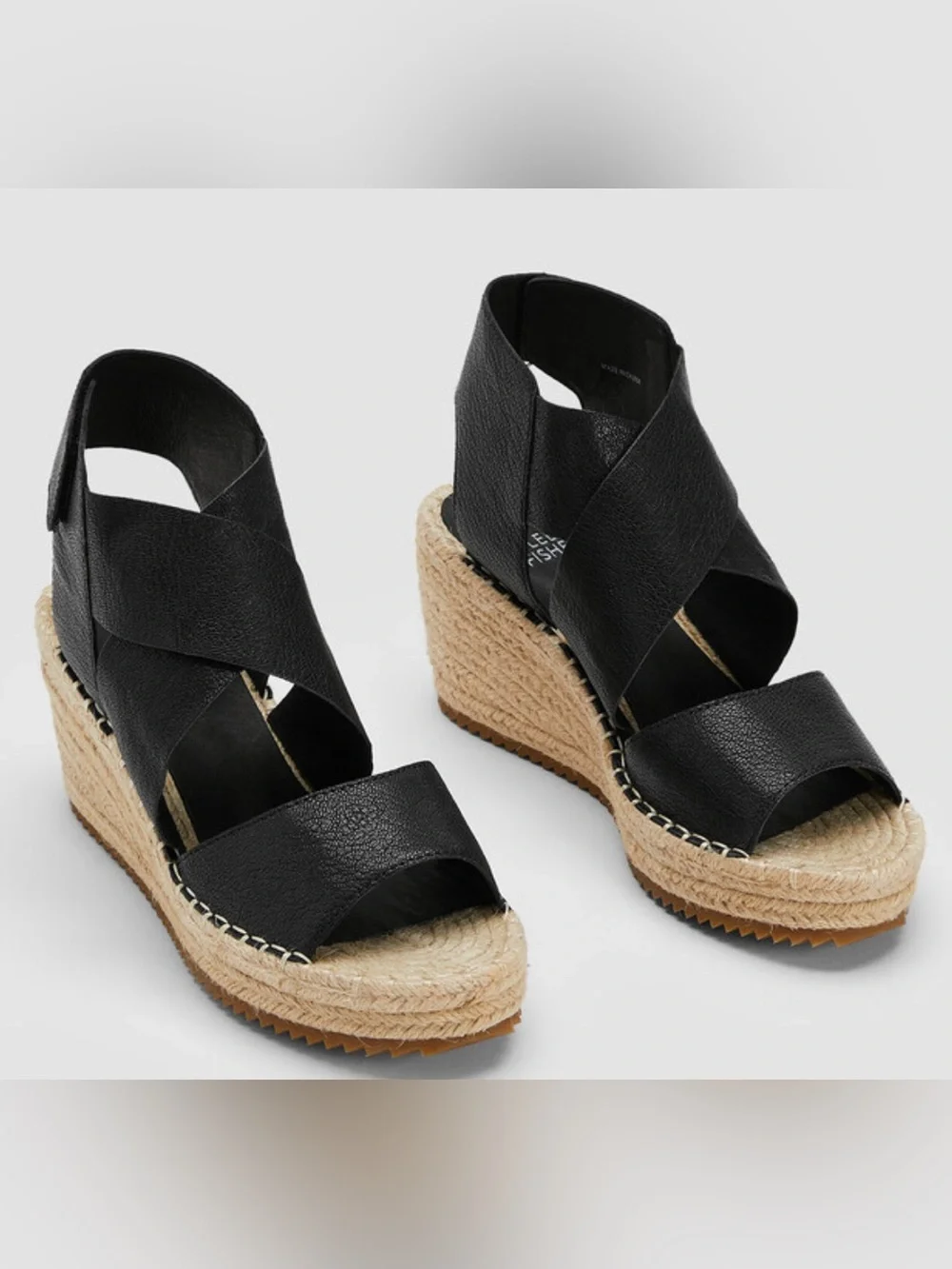 New Eileen Fisher Willow Espadrille Wedge Sandal in Black Leather Size 9